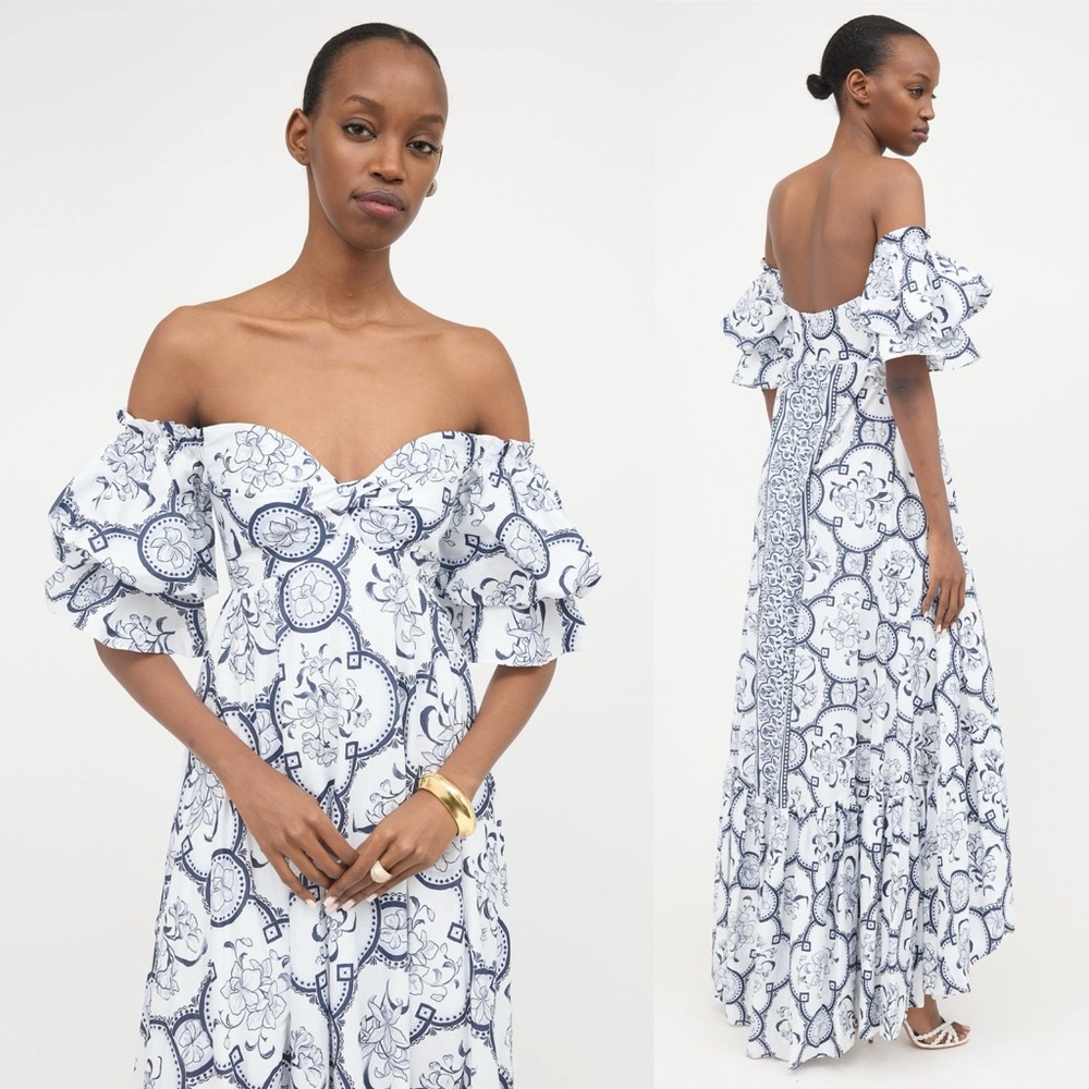 Andres Otalora Raquira Off-Shoulder Floral Tile Maxi Dress Blue White Size 4 - Picture 5 of 12